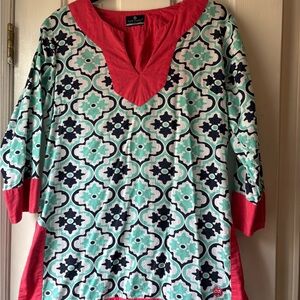 Simply Southern Mint Green Navy and Coral Patterned Tunic
